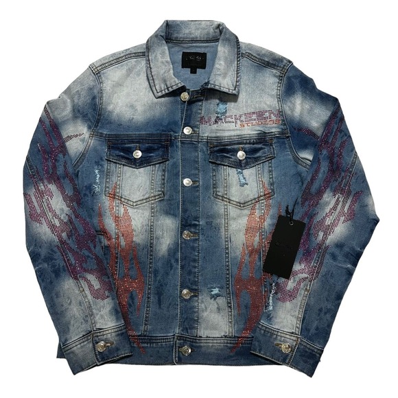 Mackeen Studios Jackets & Blazers - Mackeen Studios Size S Rhinestone Flame Denim Jacket Blue Distressed NWT NEW